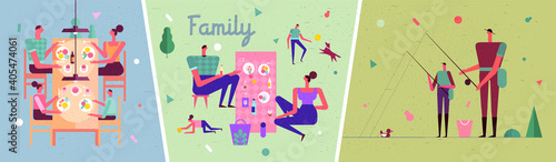 Family and vacation. Set of illustrations, family vacation, family spending time together, lunch, picnic, vacation and active activities.