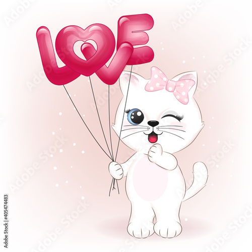 Cute little cat holding love balloons valentine's day concept illustration