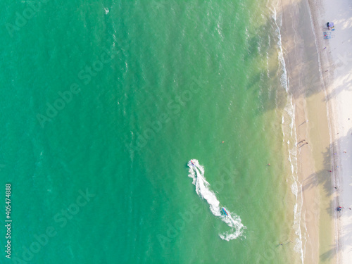 Aerial view tropical white sand beach turquoise water