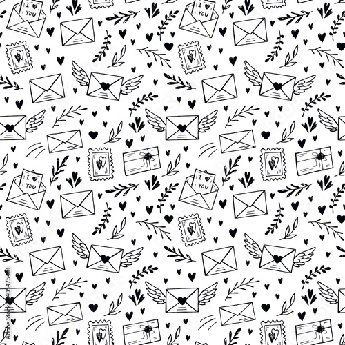 Seamless pattern from sketches of envelopes and letters.