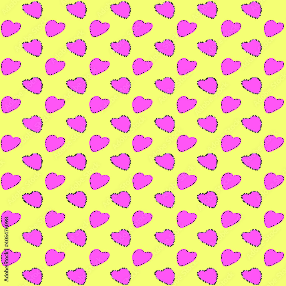 Pink hearts on a yellow background. Romantic and love pattern. For mother day. For valentine's day. For textiles, cards, wallpapers and backgrounds. Vector illustration. Pink hearts on a yellow background. Romantic and love pattern. For mother day. For valentine's day. For textiles, cards, wallpapers and backgrounds. Vector illustration.