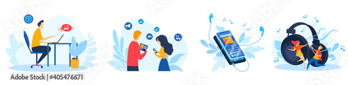 People listen music vector illustration. Cartoon flat student friend characters enjoying favorite music hit list together, listening melody in headphones, song playing in smartphone mp3 player device