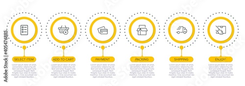 Concept of shopping process with 6 successive steps. Six colorful graphic elements. Timeline design for brochure, presentation, web site. Infographic design layout.