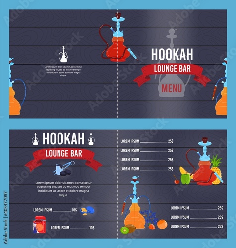Hookah bar menu vector illustration. Cartoon flat smoking lounge bar menu, typography modern trendy graphic design for front page, arabic shisha tobacco party flyer, leisure smokers cafe background