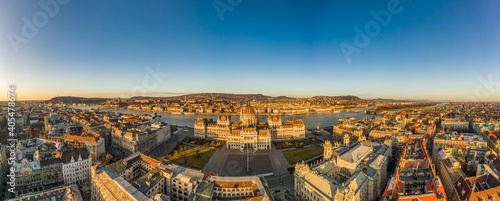 Panoramic Aerial drone shot of east side facade of Hungarian Parliament Kossuth Square during Budapest sunrise © Davidzfr