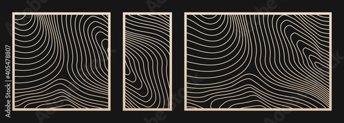 Laser cut panel set. Vector template with trendy abstract geometric pattern, curve lines, ripple surface. Decorative stencil for laser cutting of wood, metal, plastic, cnc. Aspect ratio 1:2, 1:1, 3:2