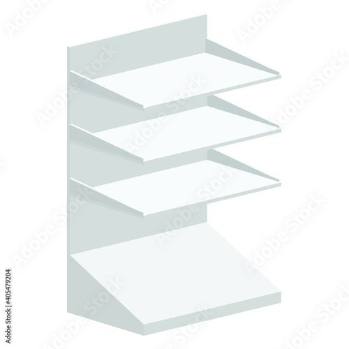 Long Blank Empty Showcase Display With Retail Shelves. Perspective View 3D. Illustration Isolated On White Background. Mock Up Template Ready For Your Design. Product Advertising. Vector EPS10