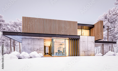 3d rendering of modern cozy house with parking and pool for sale or rent with wood plank facade and beautiful landscaping on background. Cool evening winter with cozy light from windows