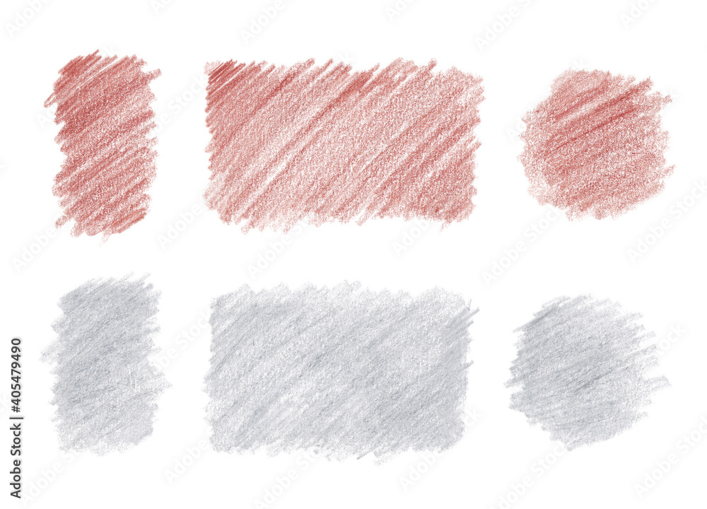 Set of Hand painted color pencil drawings in terracotta and silver gray on white background.