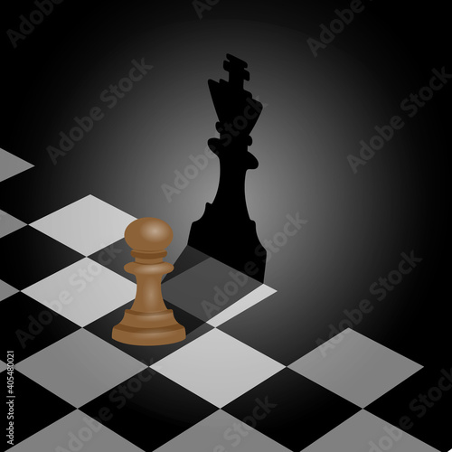 The concept of business aspirations for career growth, power, strength, leadership. Vector illustration of a pawn casting the shadow of a king on a wall.