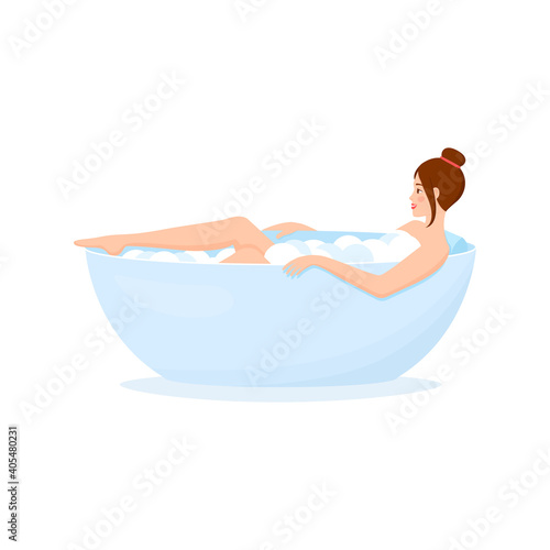 Smiling woman lying in bathtub full of soap foam. Happy female cartoon character taking bath and relaxing. Relaxation during hygienic or spa procedure. Colorful vector illustration in flat style.