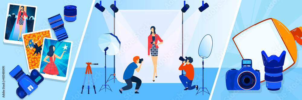 Fototapeta premium Camera broadcast, reporter, tv photographer, cameraman vector illustrations banners set. News, press or journalism. Mass media and broadcasting. Broadcaster in television studio.