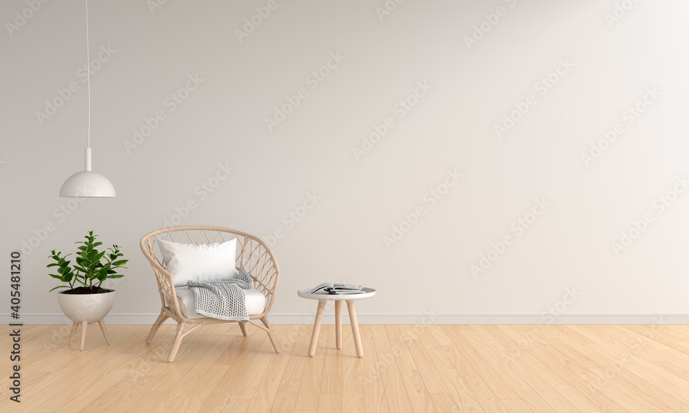 Fototapeta premium Weave wooden chair in white room for mockup, 3D rendering