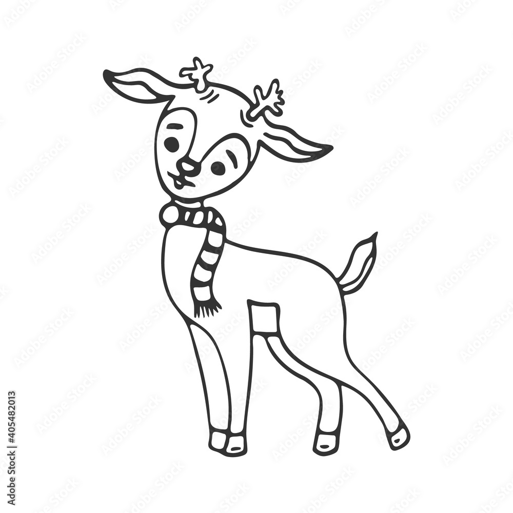 Hand-drawn cute deer.  Images isolated on white background.