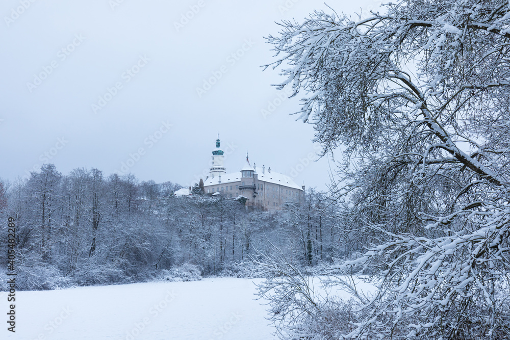 Winter view at Nove Mesto nad Metuji, near Hradec Kralove, Czech republic
Panorama of the city with the castle on the top of the hill, frozen trees. The centre is as Urban monument reservation. 