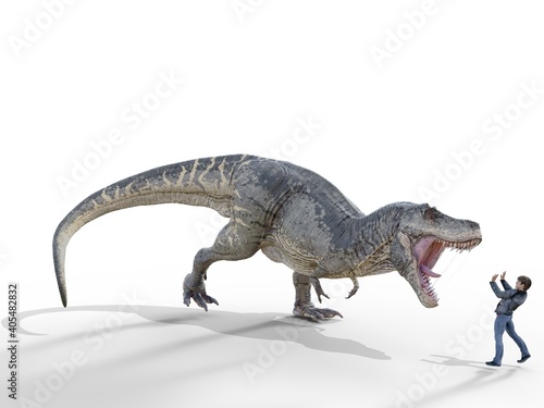 dionsaur attacks human on white background - 3d rendering