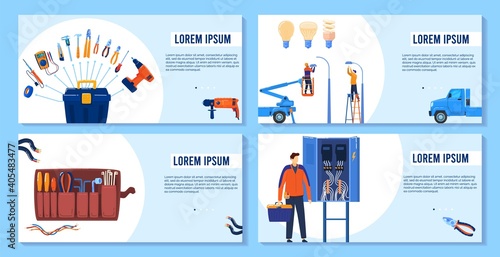 Electricity, electric tools, equipment banners set design, vector illustration. Professional electrician service. Voltage tools, multimeter for engineering, srewdriver, tester and cable repair.