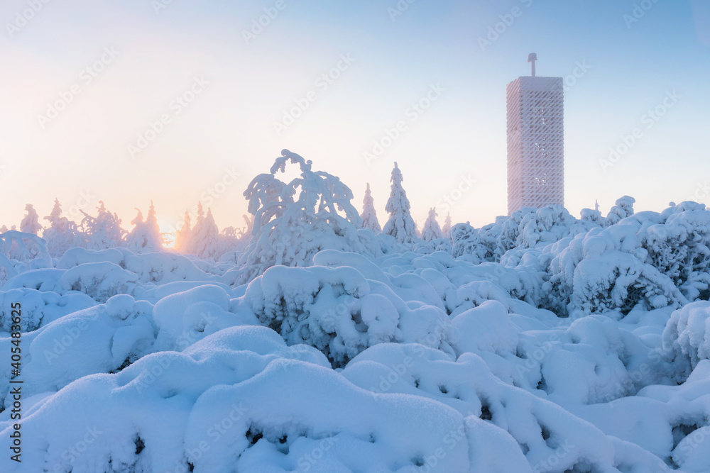 Obraz premium New Lookout tower in the shape of pentagon, Velka Destna, Orlicke mountains, Eastern Bohemia, Czech Republic Beautiful winter landscape with frosty trees in Eagle mountains, it si 150km from Prague.