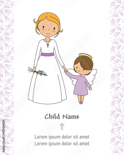 First communion card. Girl holding the hand of an angel.