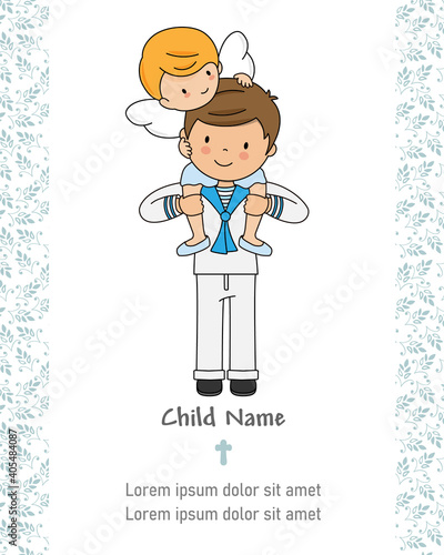 First communion card. Child and angel. Isolated vector