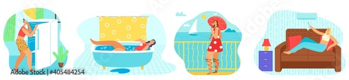 Hot weather and summer day set of vector illustrations. High temperature  sun  heat and tired woman in bath  near refrigerator  conditioner  on sea. Summertime  warm season  sunshine in tropics.