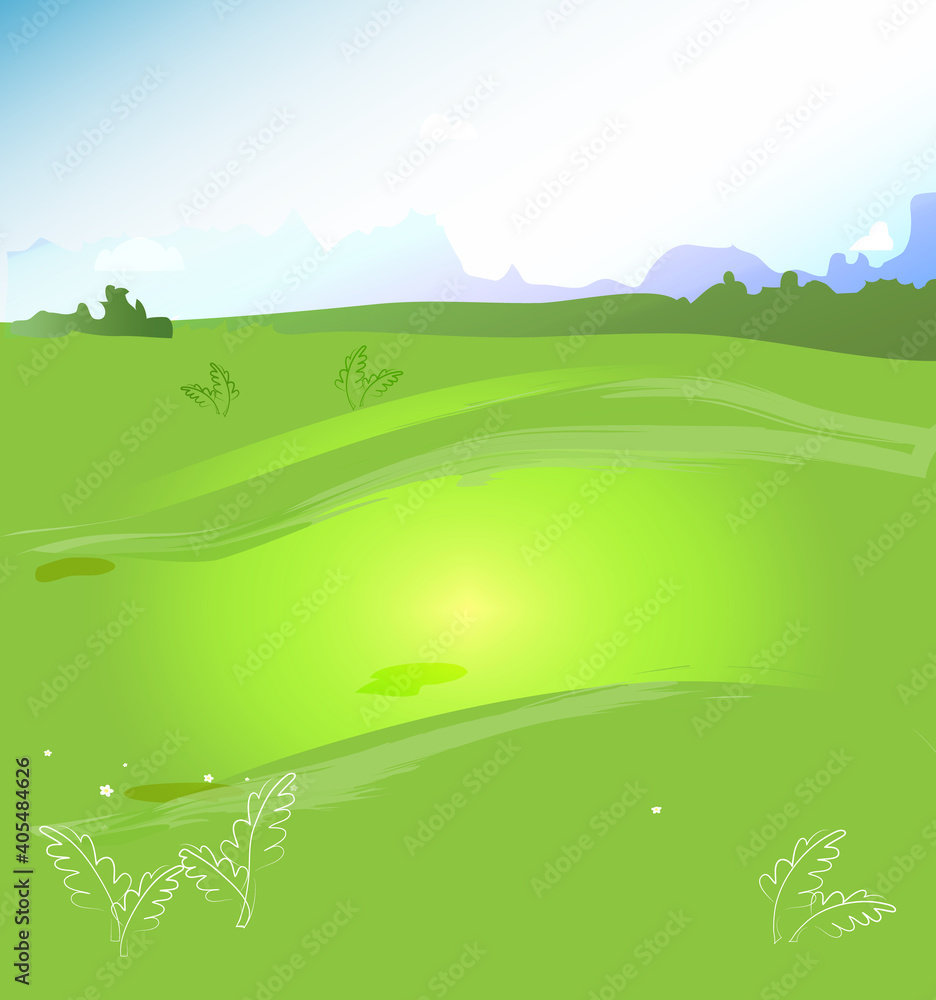 Meadow summer landscape - green grass, sky, color cartoon illustration.