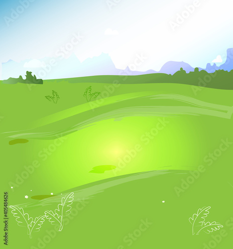 Meadow summer landscape - green grass, sky, color cartoon illustration.
