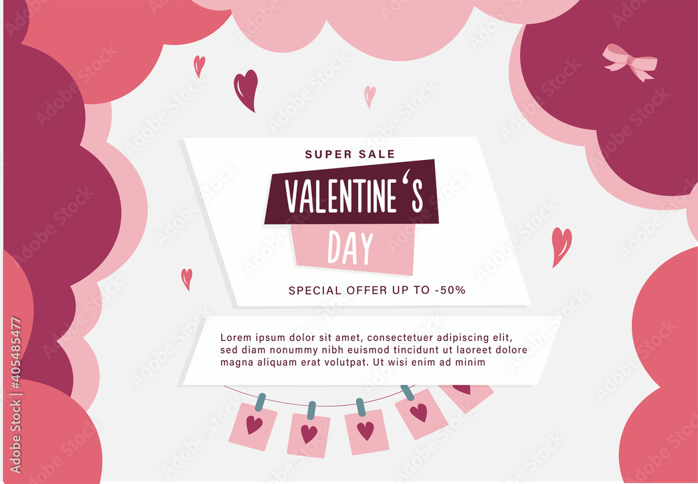 Valentines Day sale banner with hearts and abstract shapes. Vector illustration in flat style