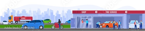 Car repair, auto mechanic service of tire maintenance in city vector illustration. Cityscape, street with tires repair station. Workers change automobiles wheels. Automotive garage shop and business.