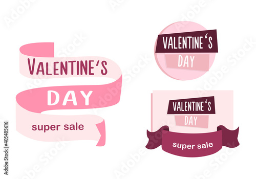 Valentines Day sale label template with ribbon. Vector illustration