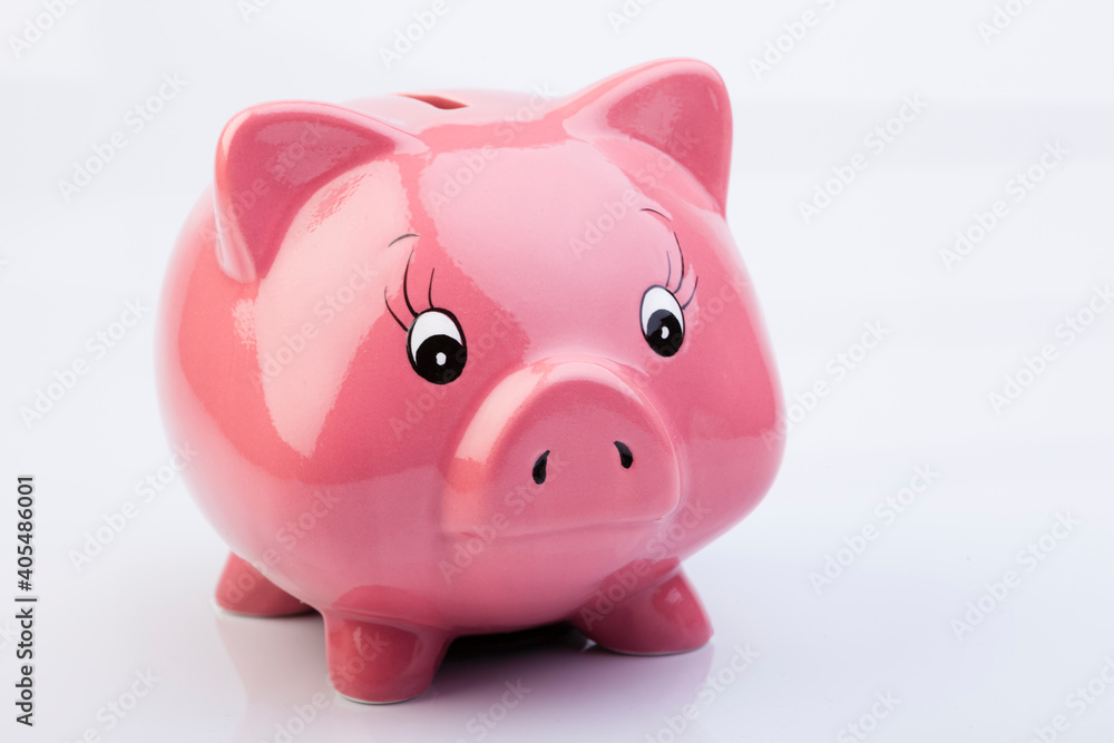 Pink Piggy Bank. Romanian currency, stack of coins