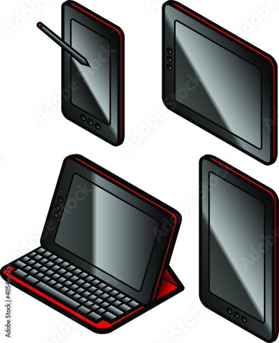 Tablets in two sizes. The larger one also shown in a keyboard case/folio and horizontal orientation. The stylus is a separate element.
