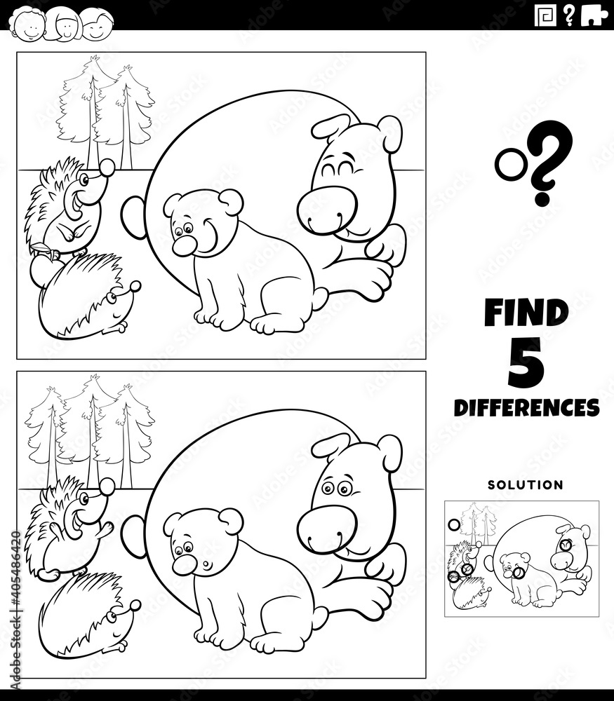 differences game with bears and hedgehogs coloring book page Stock ...