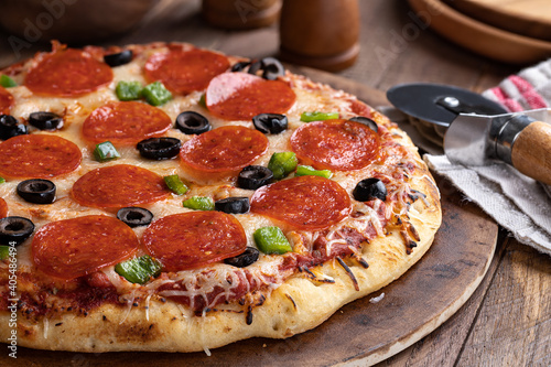 Pepperoni Pizza With Olives and Peppers