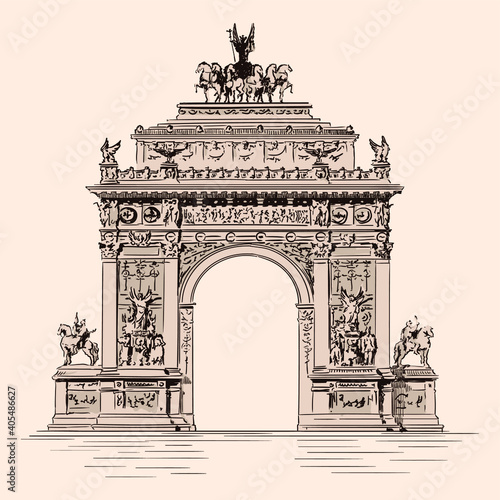 Triumphal Arch with statues in a classic Renaissance merge. Handmade sketch on a beige background.