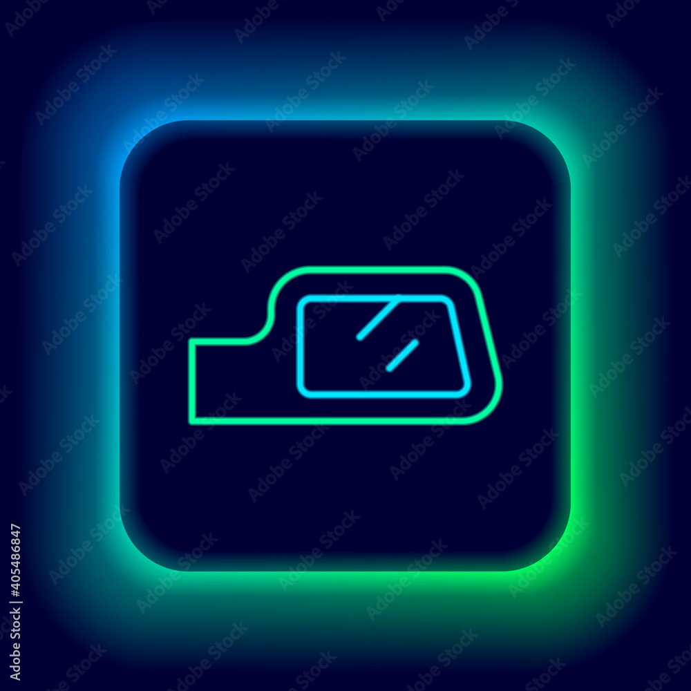 Glowing neon line Car mirror icon isolated on black background. Colorful outline concept. Vector. Glowing neon line Car mirror icon isolated on black background. Colorful outline concept. Vector.