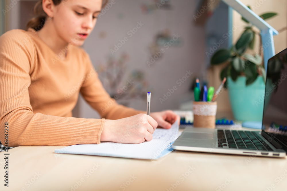 Beautiful schoolgirl studying at home doing school homework. Distance learning online education Beautiful schoolgirl studying at home doing school homework. Distance learning online education