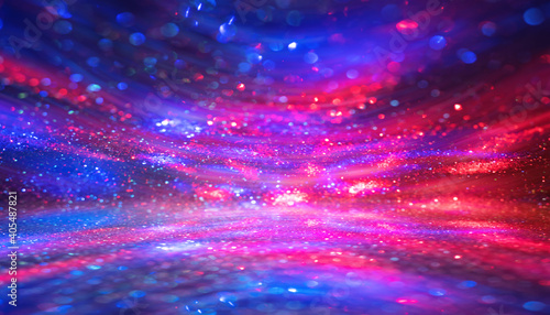 Fototapeta Naklejka Na Ścianę i Meble -  Blurred abstract background. Blurry lights, bokeh. Festive template. The neon glow is reflected on the surface. 3d illustration