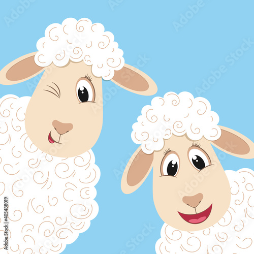 Cute fluffy sheep cartoon character. Design element for greeting card or invitation