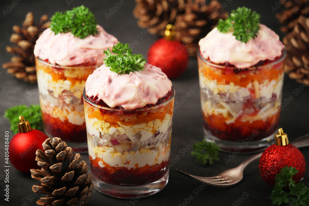 Dressed herring or herring under fur - traditional Russian salad Dressed herring or herring under fur - traditional Russian salad