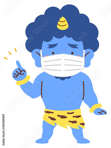 マスクをつけた案内ポーズの青鬼