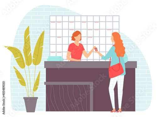 Reception in the gym. A young woman gives the key to the locker room to a client. Healthy lifestyle. Vector illustration in hand drawn flat style.