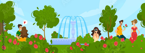 City park with fontain and people walking in summer vector illustration. Couples spend time outdoor in nature, trees, bushes and fontain with water streams. Fountain in garden.