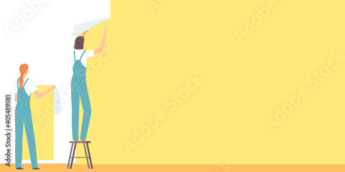Workers gluing wallpaper. People making house or home apartment interior renovation. Cartoon flat woman builder characters. Vector illustration.