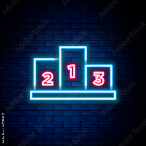 Glowing neon line Award over sports winner podium icon isolated on brick wall background. Colorful outline concept. Vector.