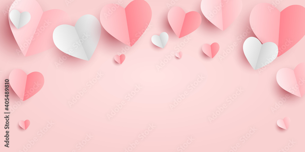 Valentines hearts postcard. Paper flying elements on pink background. Vector symbols of love in shape of heart for Happy Women's, Mother's, Valentine's Day, birthday greeting card design. PNG