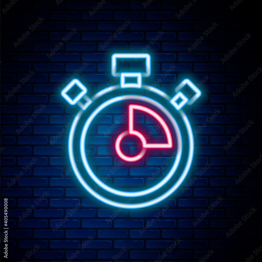 Glowing neon line Stopwatch icon isolated on brick wall background. Time timer sign. Chronometer sign. Colorful outline concept. Vector. Glowing neon line Stopwatch icon isolated on brick wall background. Time timer sign. Chronometer sign. Colorful outline concept. Vector.