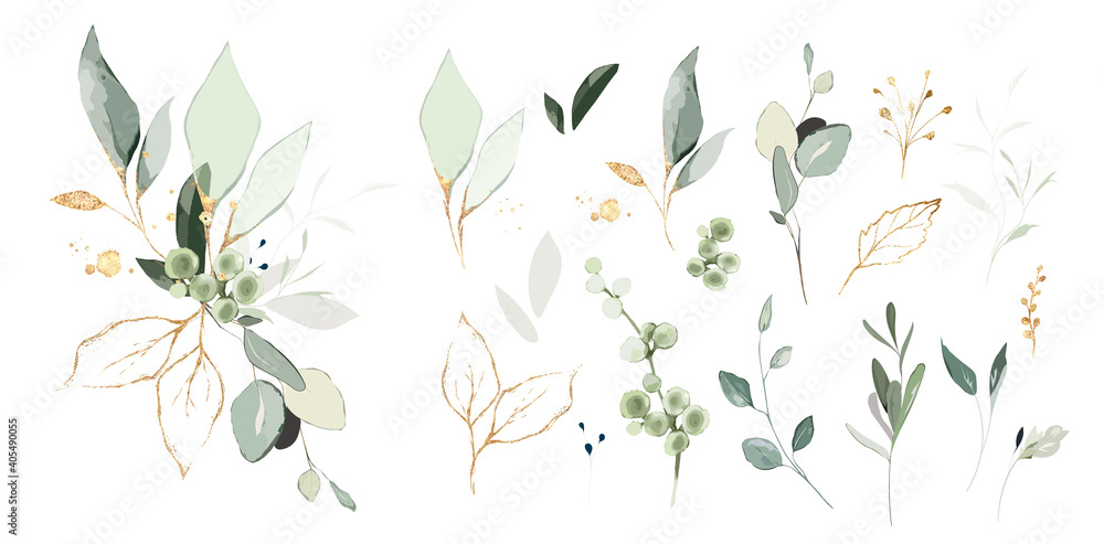 Obraz premium Set of herbal branch. green and gld leaves. Wedding concept. Vector arrangements for greeting card or invitation design