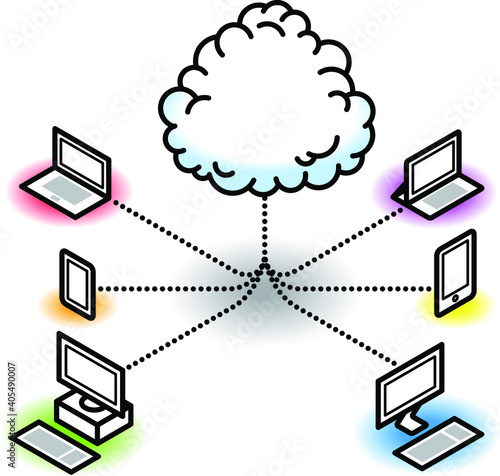 Cloud computing concept showing inter-cloud communications and synchronization. For scalability and redundancy.