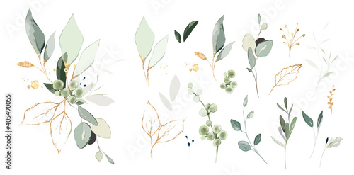 Set of herbal branch. green and gld leaves. Wedding concept. Vector arrangements for greeting card or invitation design